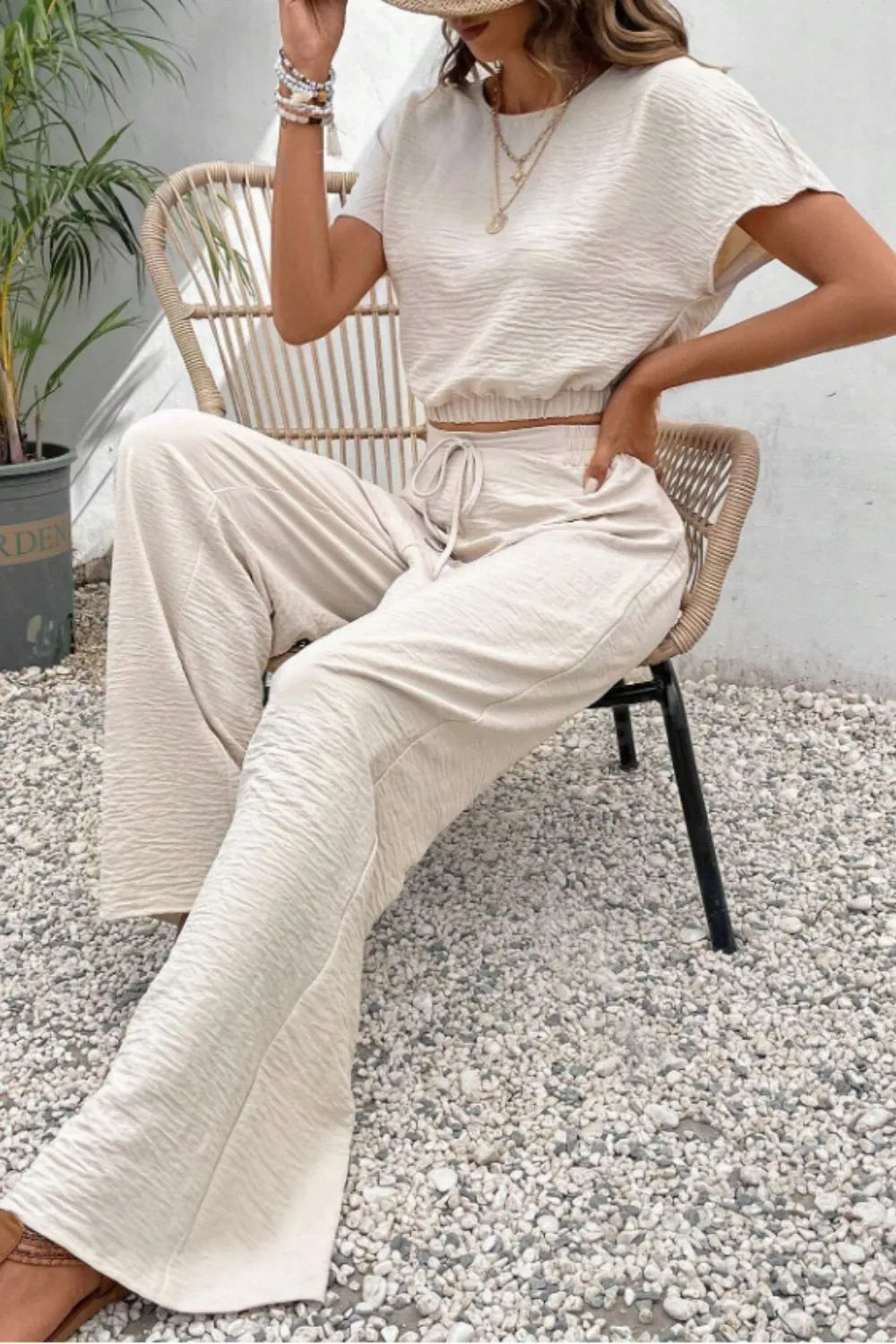 Round Neck Short Sleeve Top and Pants Set - CHIC TB