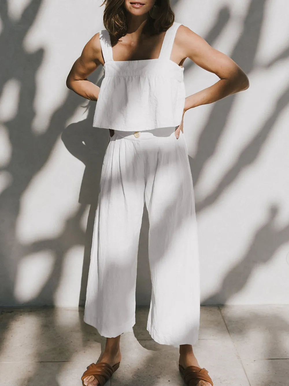 Square Neck Wide Strap Top and Pants Set - CHIC TB