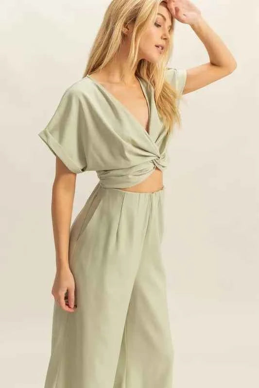 Twisted Front Short Sleeve women Top and Wide Leg Pants Set