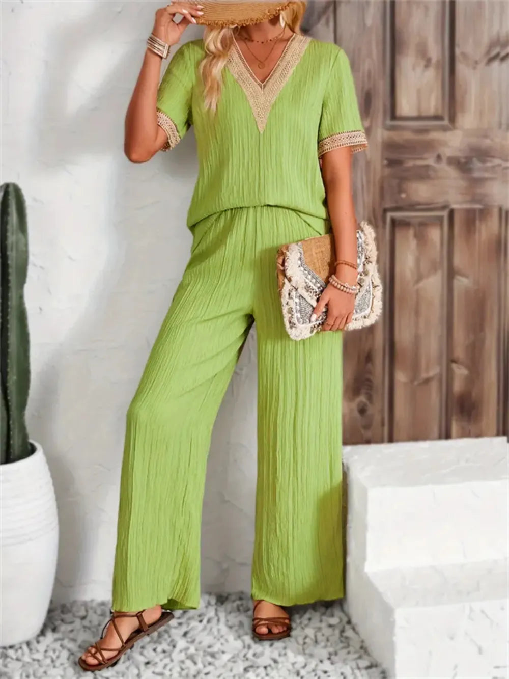 V-Neck Short Sleeve Top and Pants Set - CHIC TB