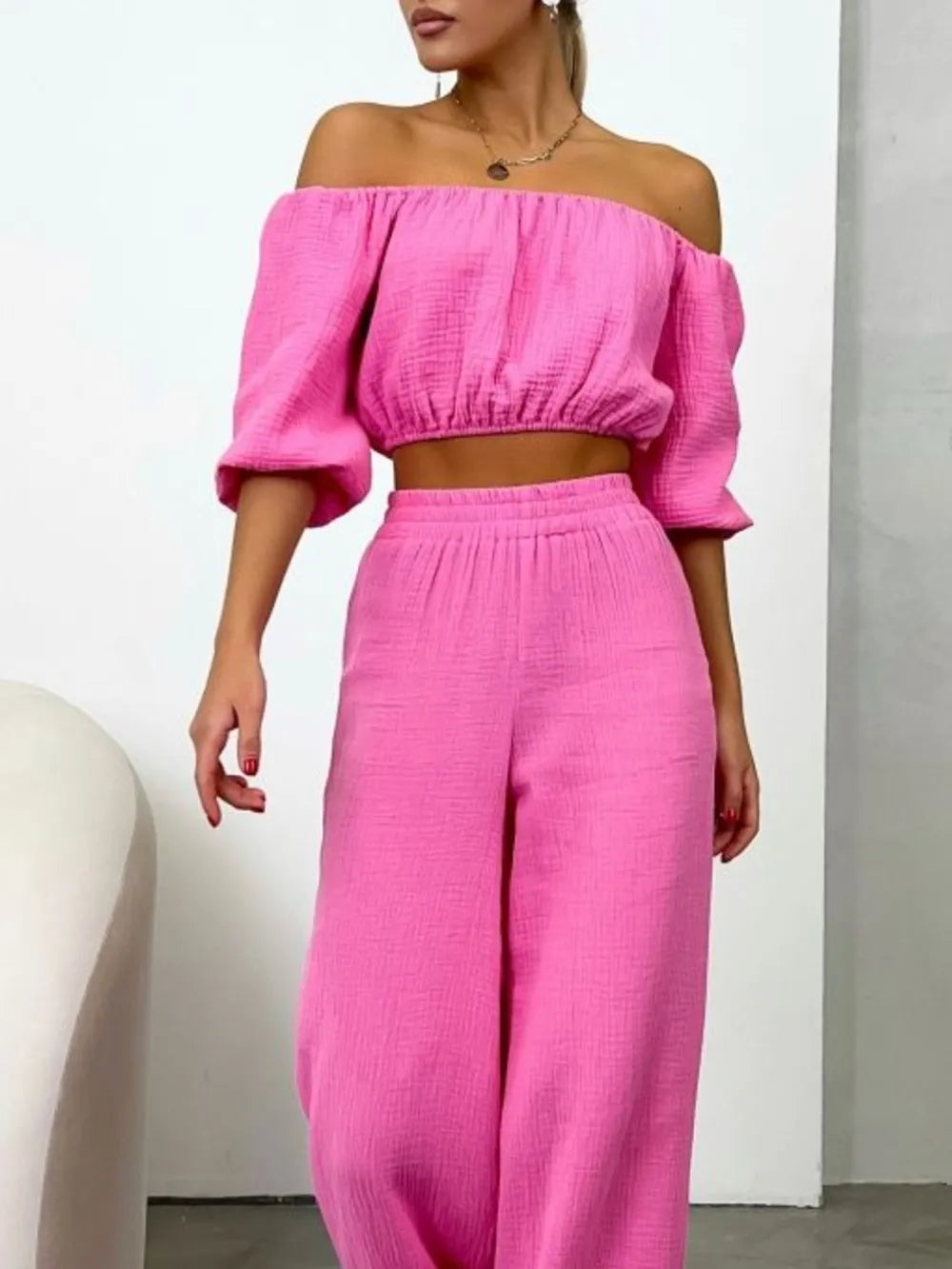 Off Shoulder Long Sleeve Top and Pants Set - CHIC TB