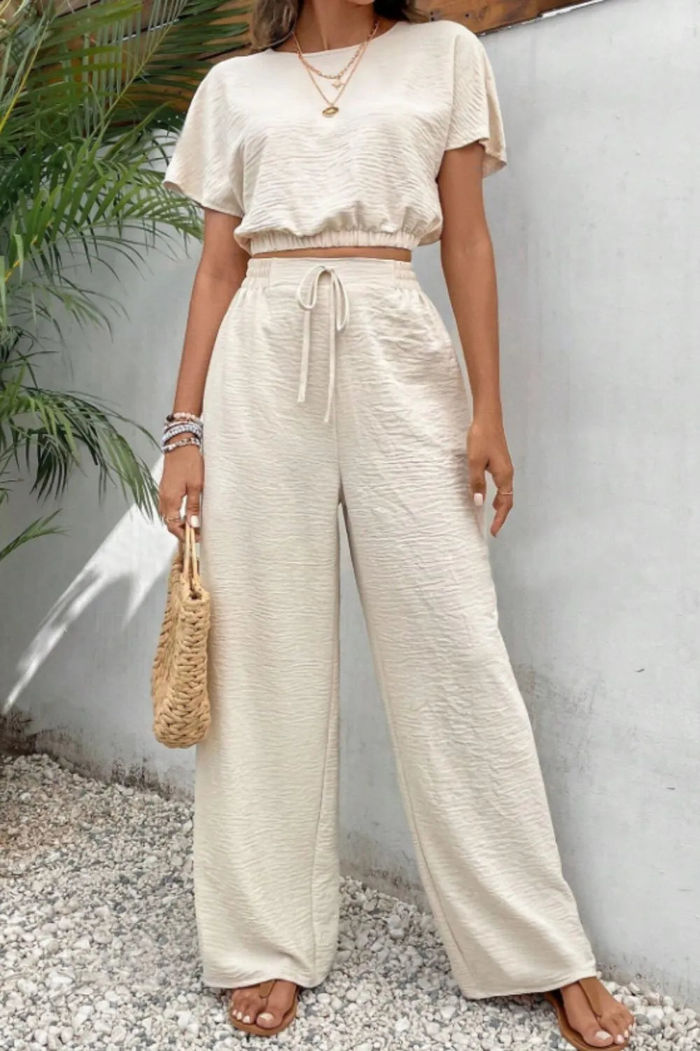Round Neck Short Sleeve Top and Pants Set - CHIC TB