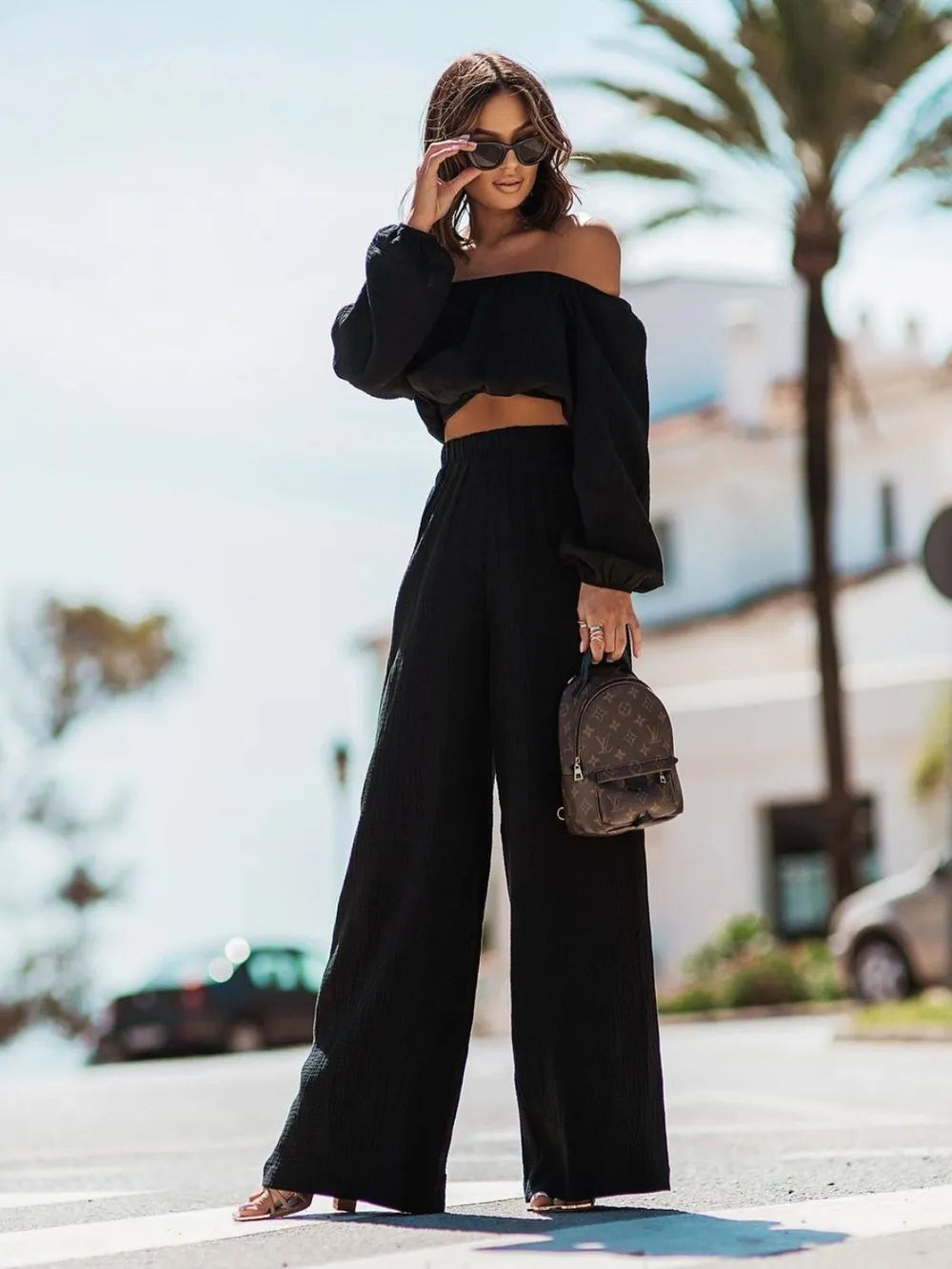 Off Shoulder Long Sleeve Top and Pants Set - CHIC TB