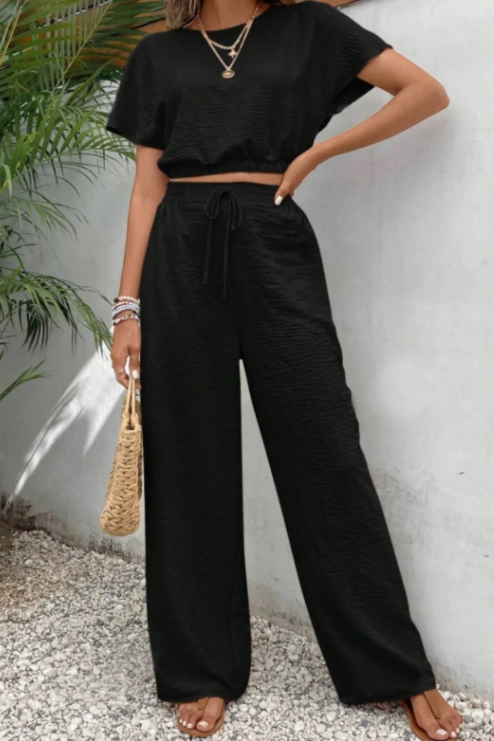 Round Neck Short Sleeve Top and Pants Set - CHIC TB