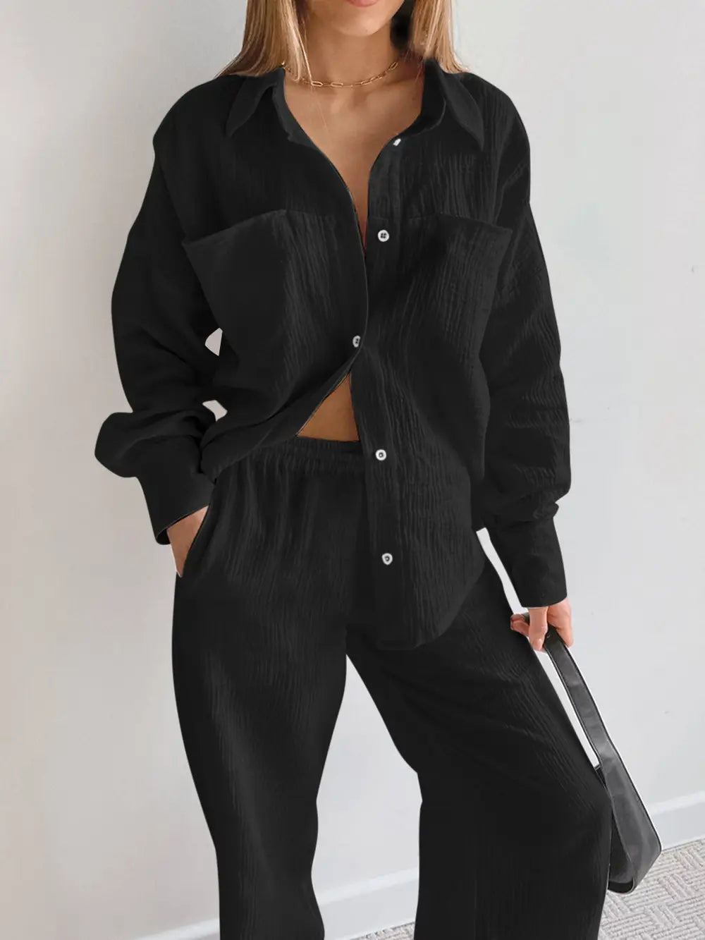 Texture Button Up Long Sleeve Shirt and Pants Set - CHIC TB