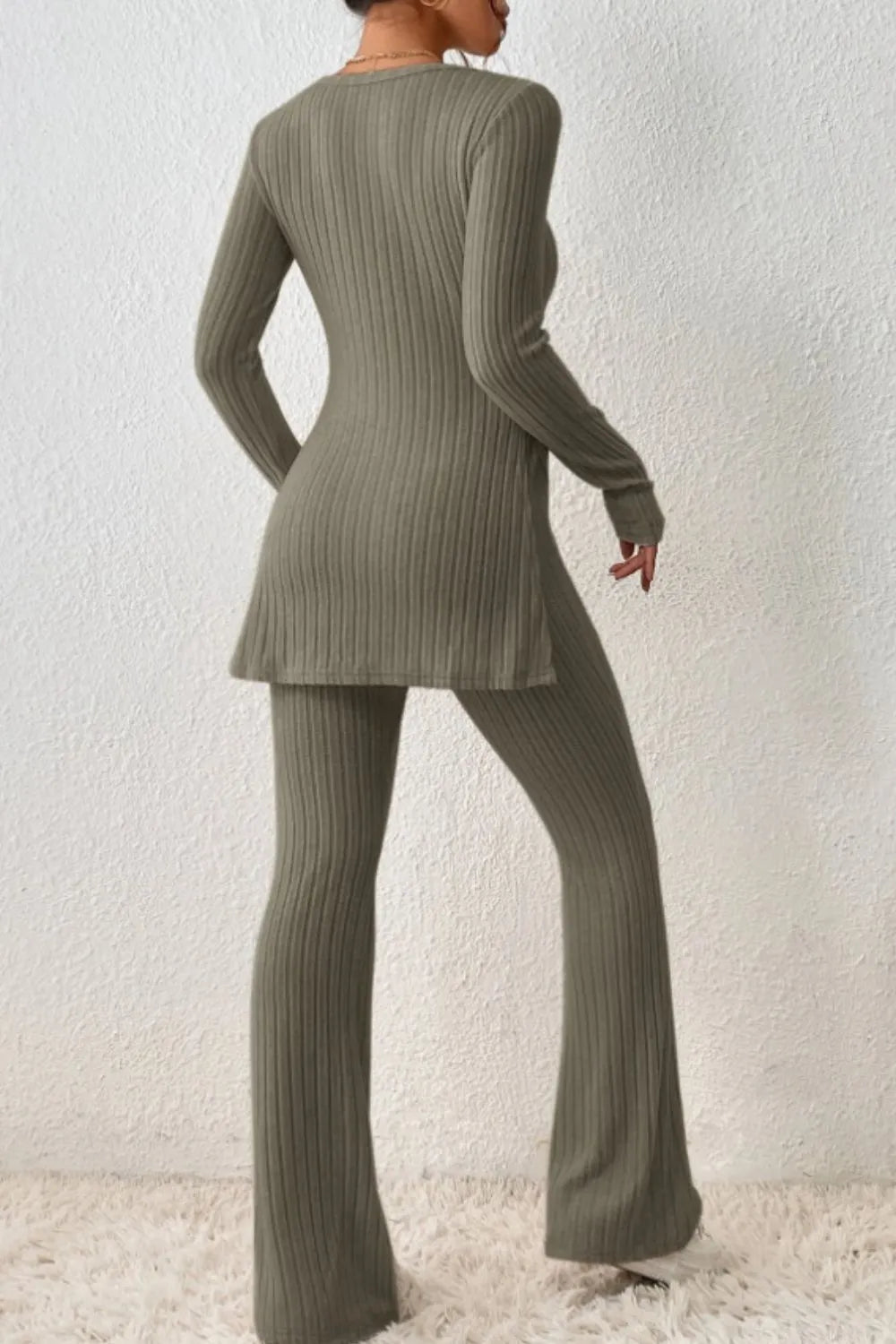Ribbed Long Sleeve Slit Top and Bootcut Pants Set - CHIC TB