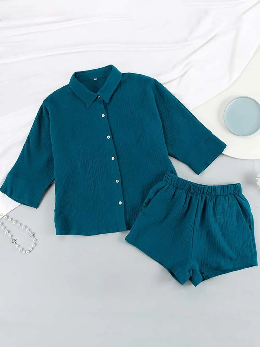 Texture Button Up Shirt and Shorts Set - CHIC TB