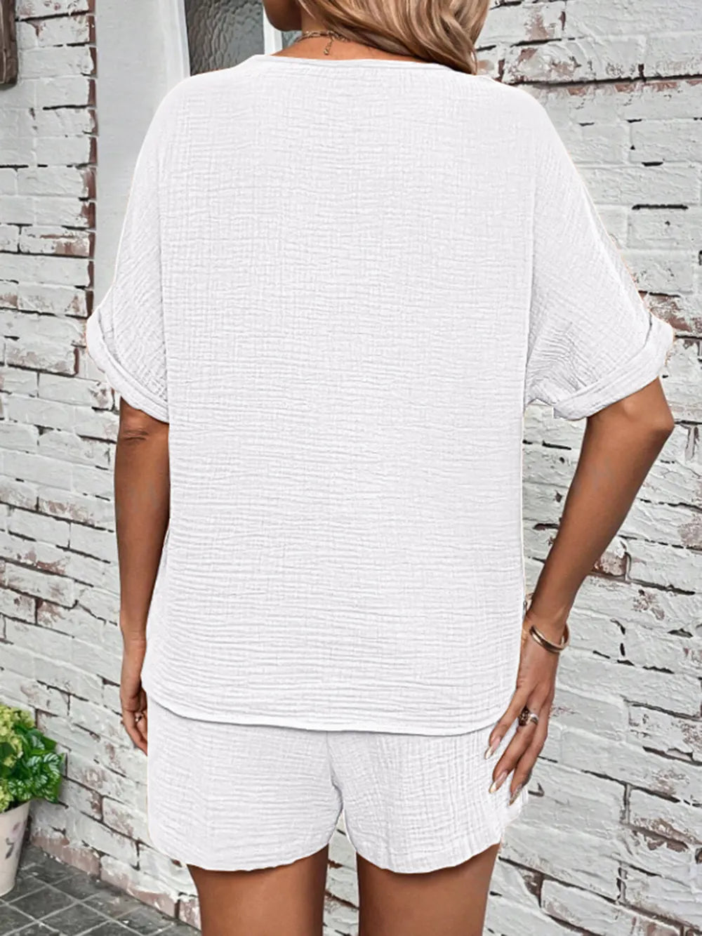 Notched Half Sleeve Top and Shorts Set - CHIC TB