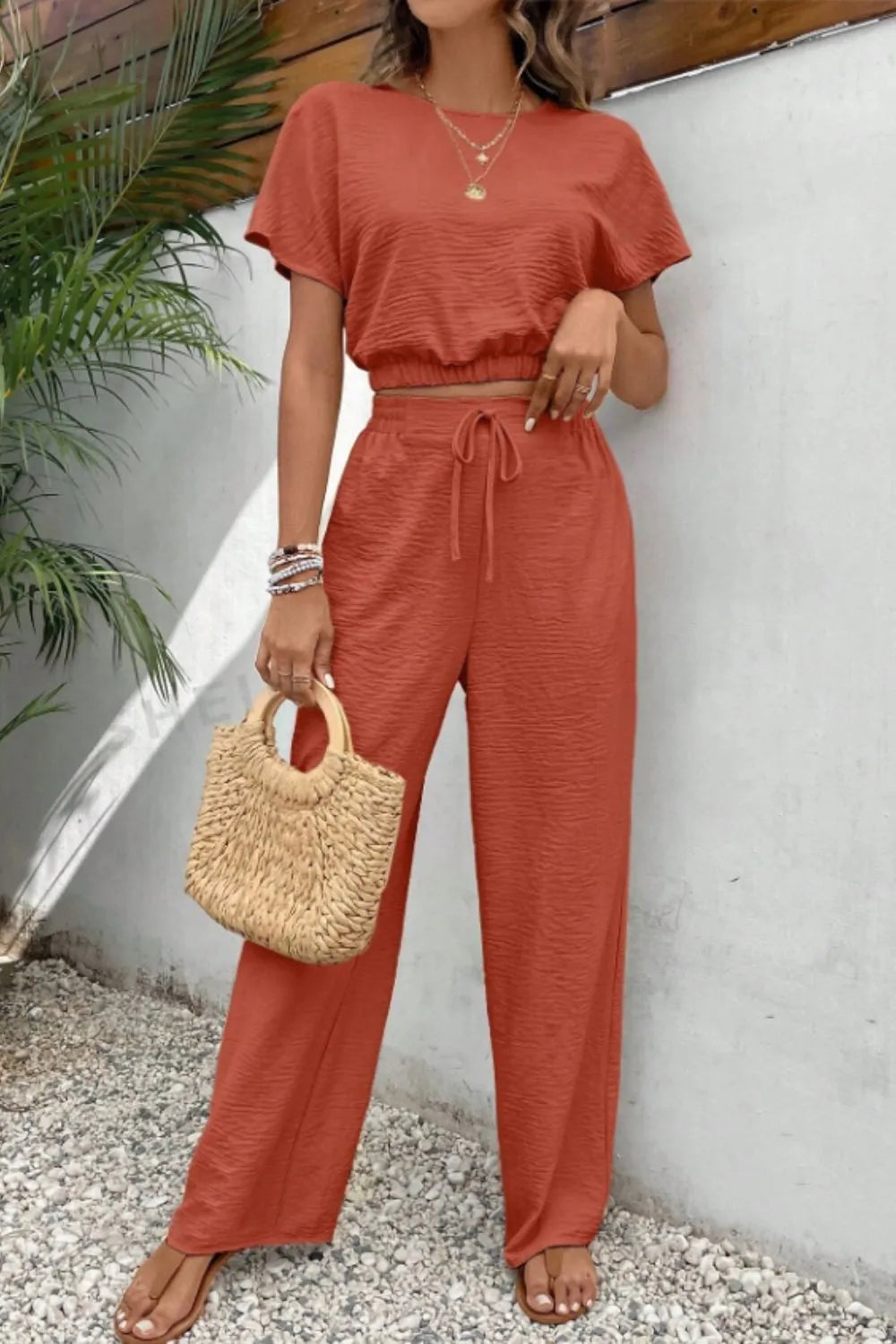 Round Neck Short Sleeve Top and Pants Set - CHIC TB