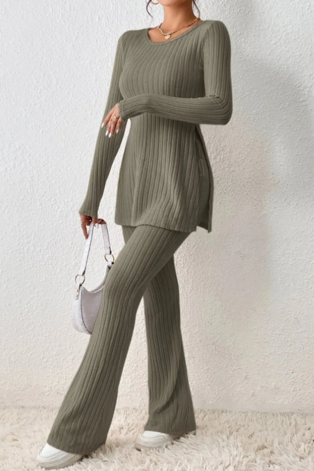 Ribbed Long Sleeve Slit Top and Bootcut Pants Set - CHIC TB