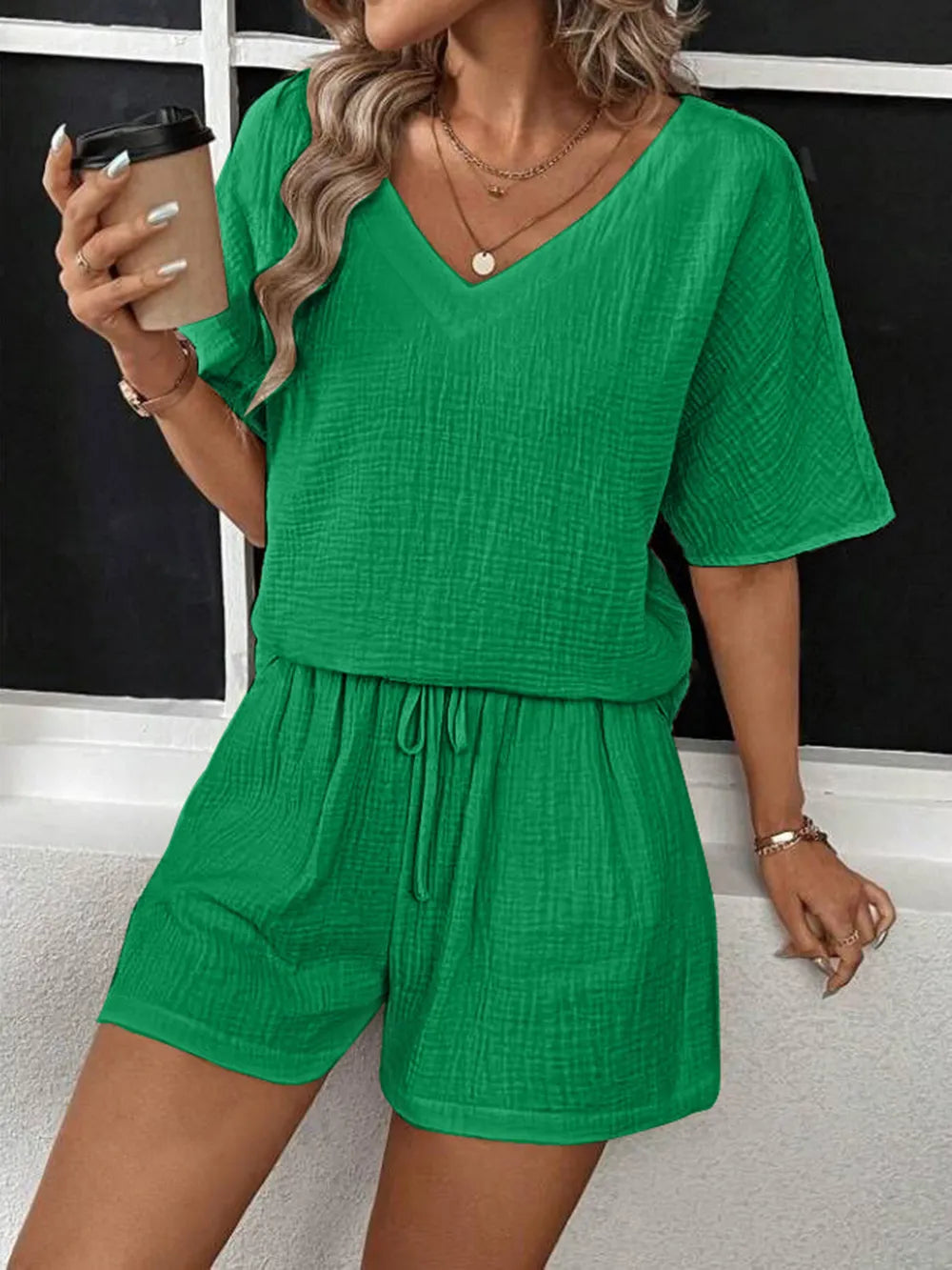 V-Neck Half Sleeve Top and Shorts Set - CHIC TB