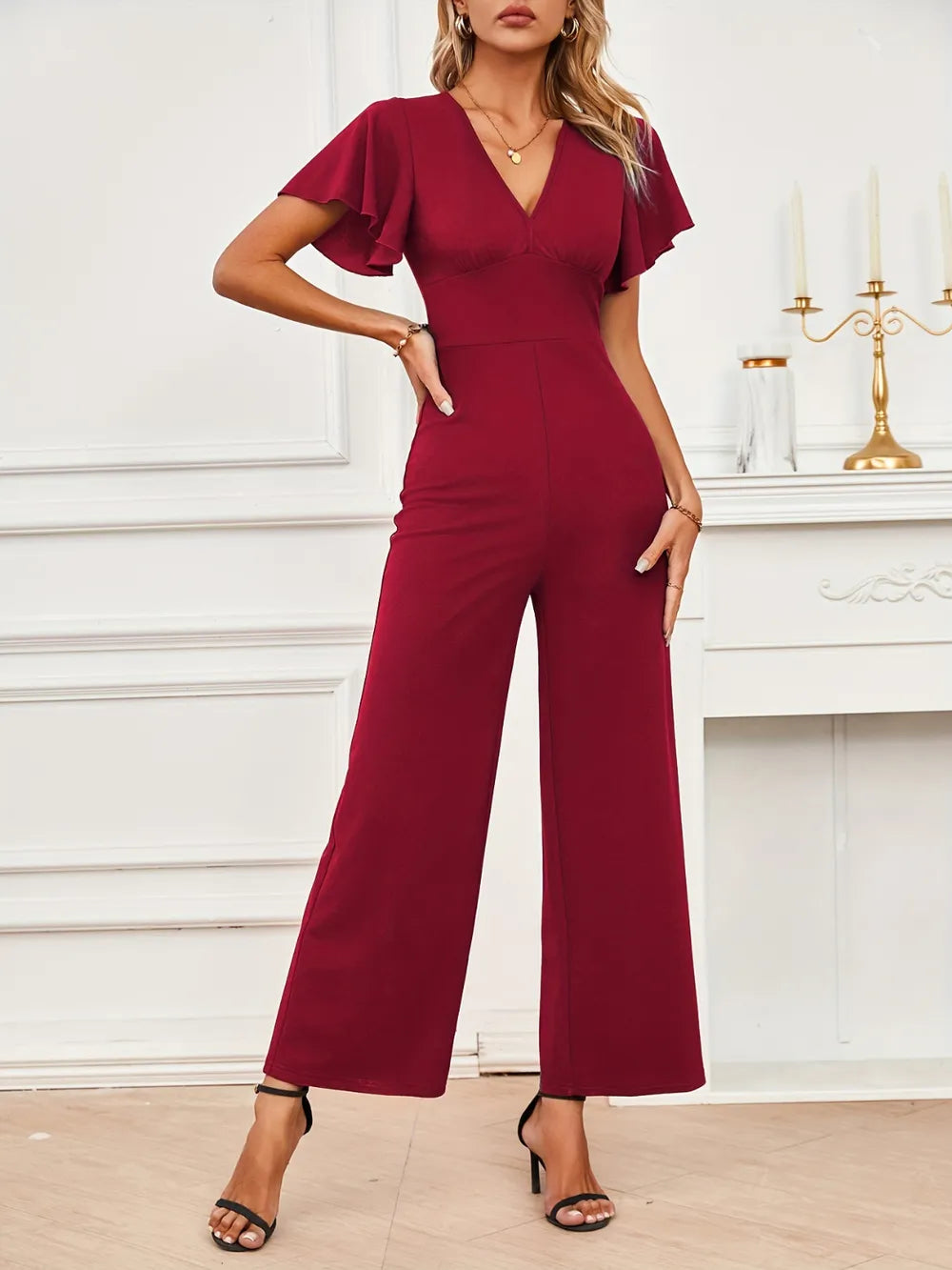 V-Neck Flutter Sleeve Jumpsuit - CHIC TB