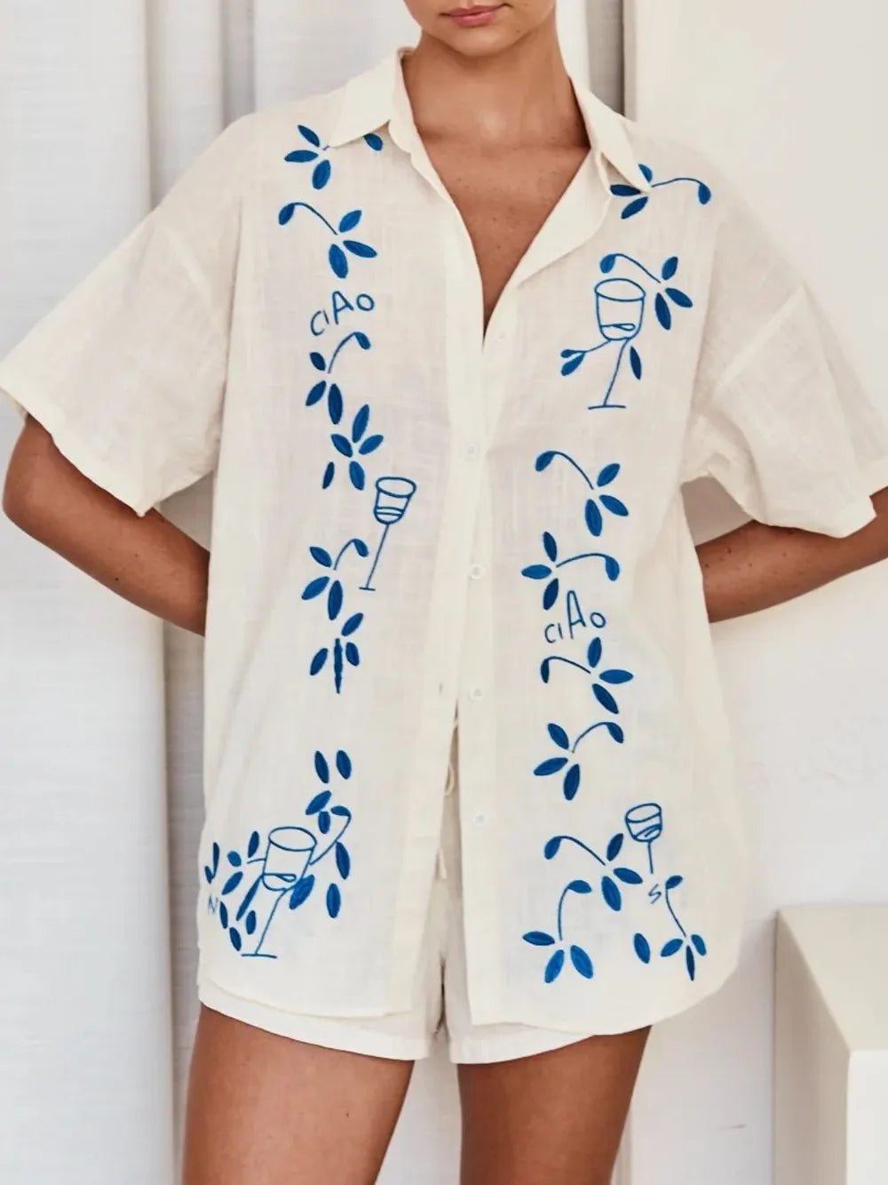 Embroidered Button Up Half Sleeve Top and Shorts Set - CHIC TB
