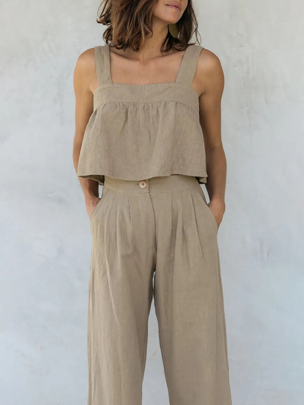 Square Neck Wide Strap Top and Pants Set - CHIC TB
