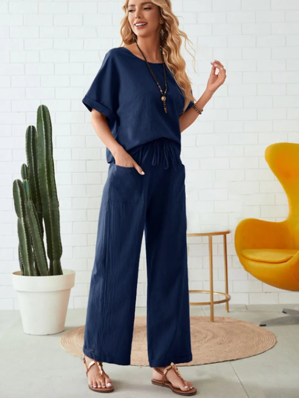 Round Neck Half Sleeve Top and Pocketed Pants Set - CHIC TB