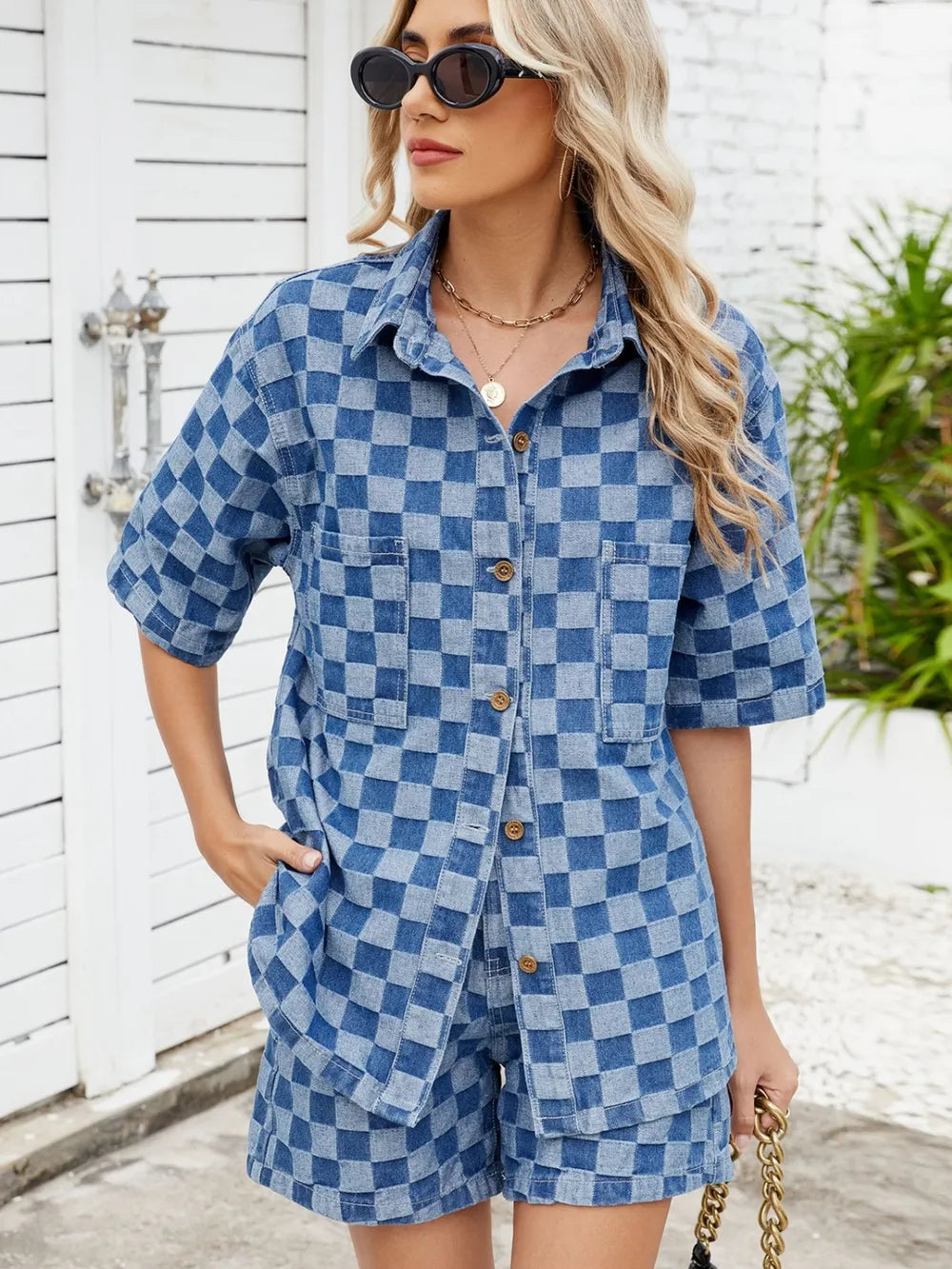 Checkered Shirt and Shorts Denim Set - CHIC TB