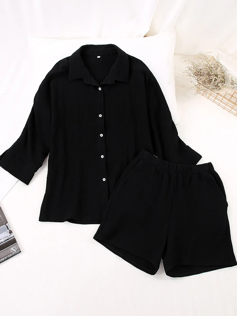 Texture Button Up Shirt and Shorts Set - CHIC TB