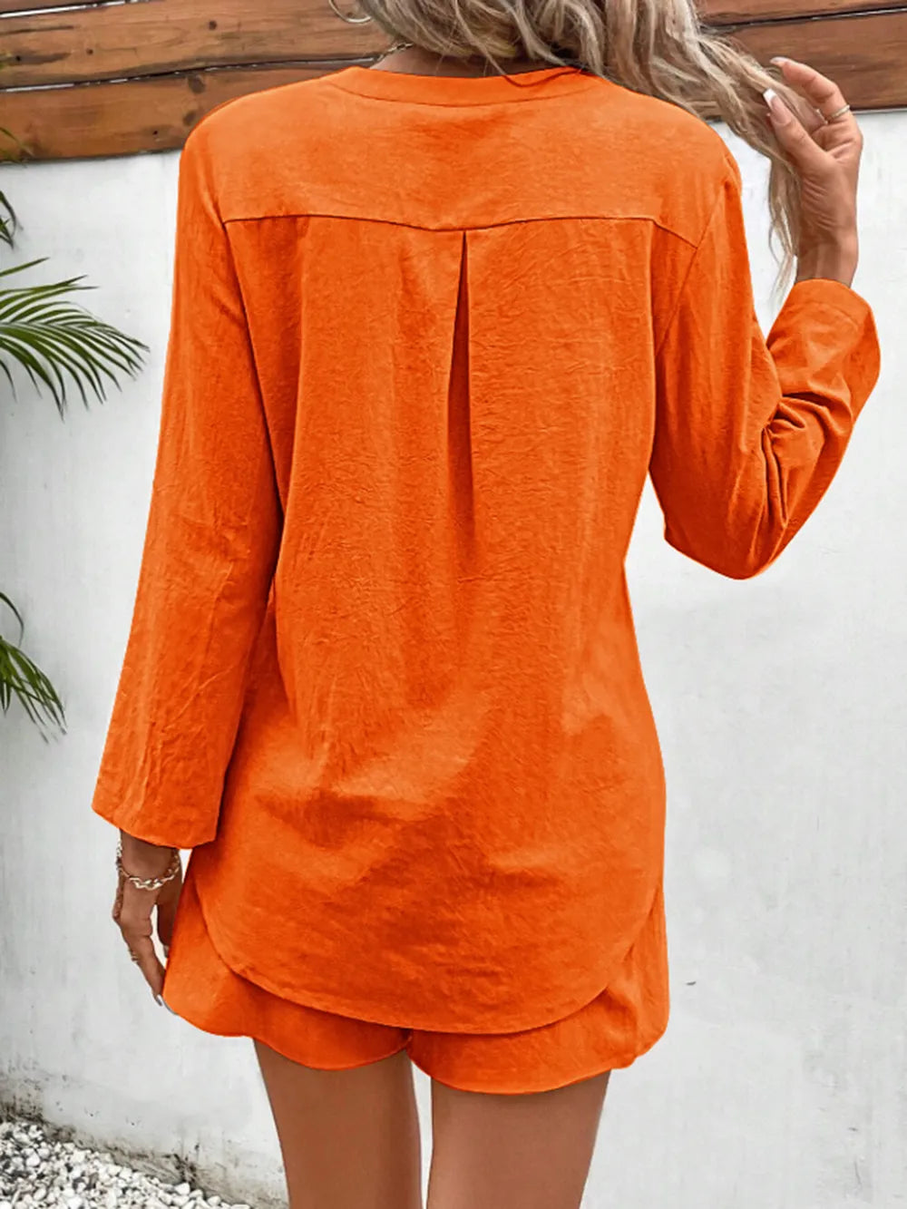 Notched Long Sleeve Top and Shorts Set - CHIC TB