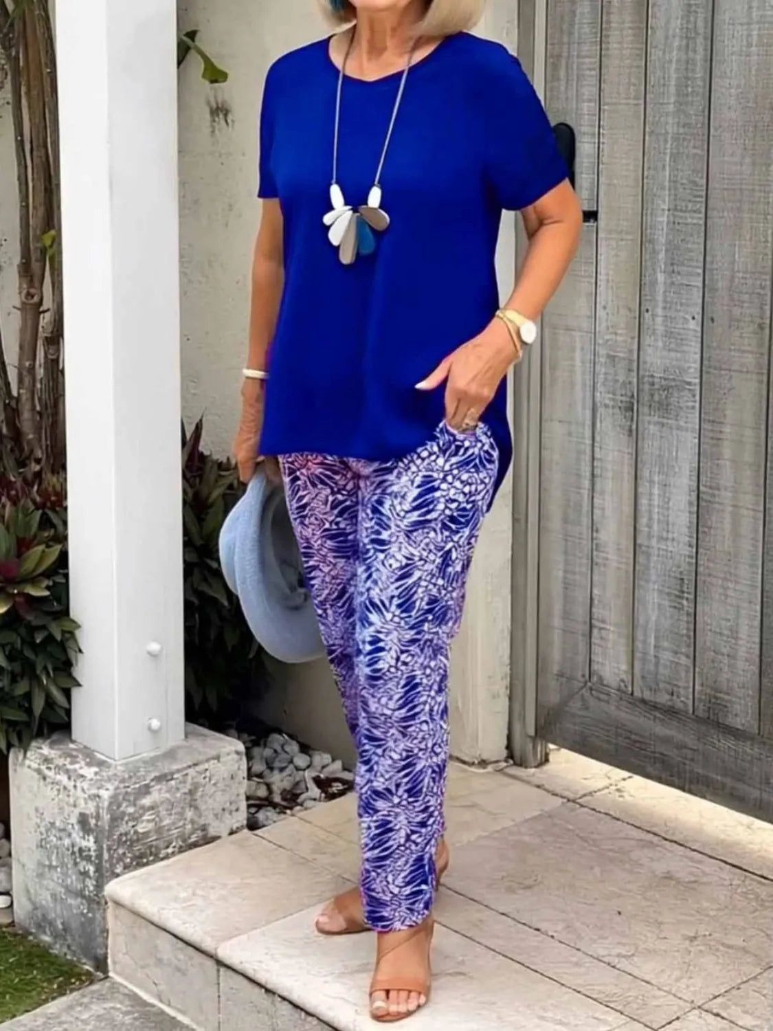 Full Size Round Neck Short Sleeve Top and Pants Set Plus Size - CHIC TB