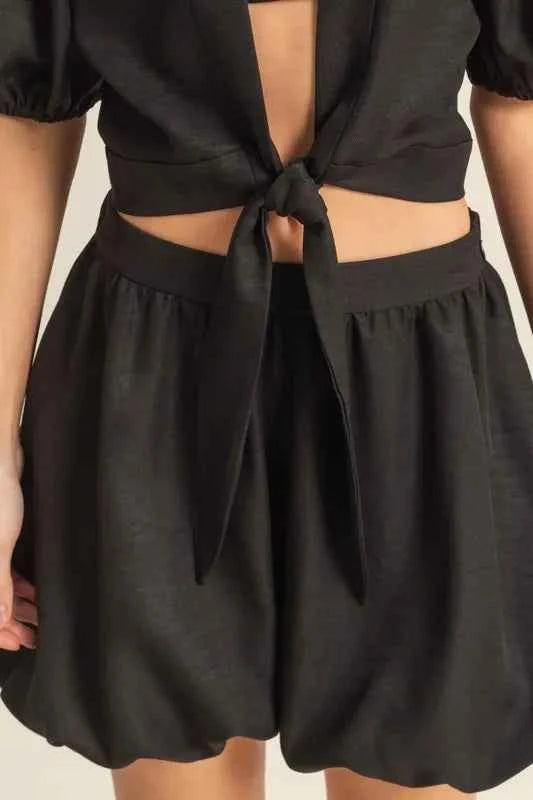 Front Tie Top and Bubble Hem Shorts