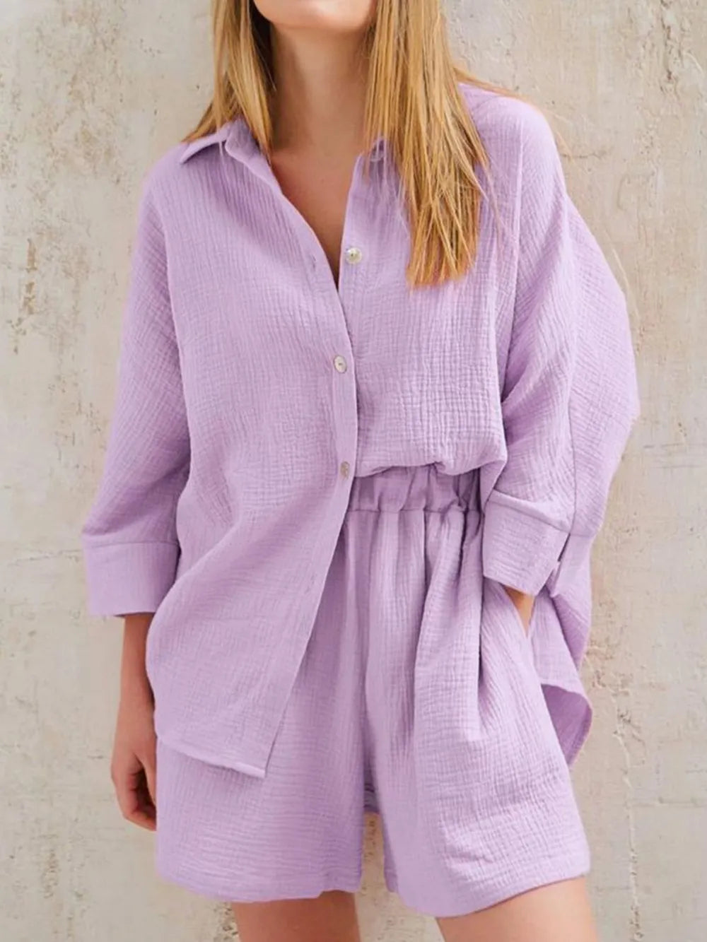 Texture Button Up Shirt and Shorts Set - CHIC TB