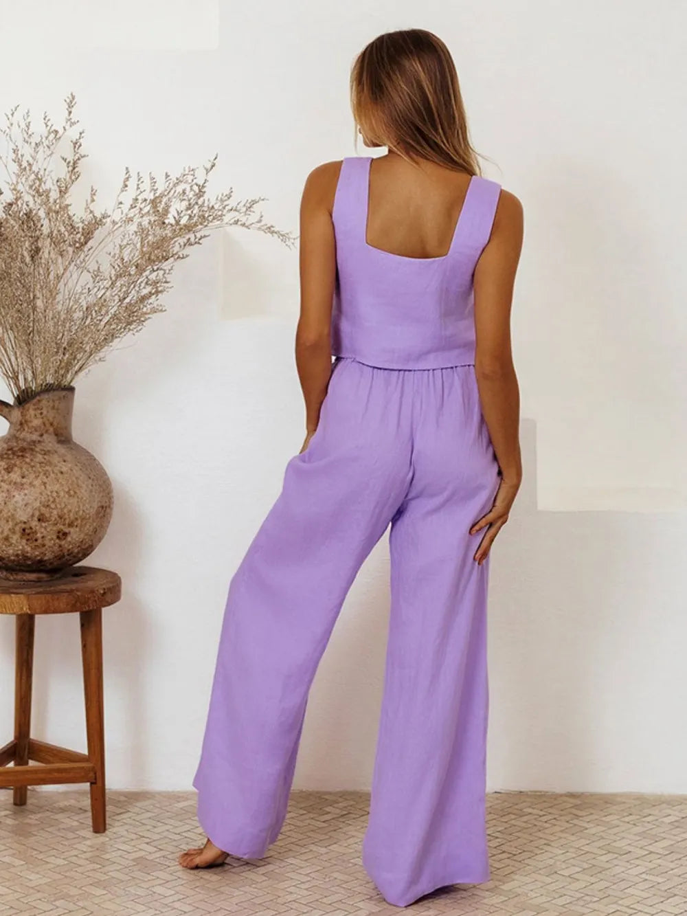 Square Neck Sleeveless Top and Pants Set - CHIC TB