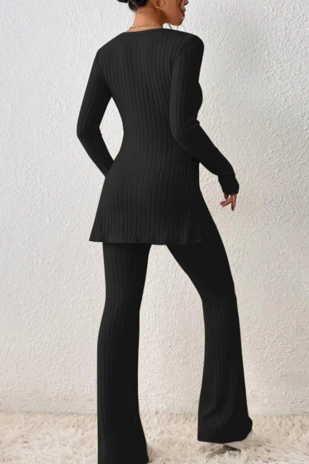 Ribbed Long Sleeve Slit Top and Bootcut Pants Set - CHIC TB