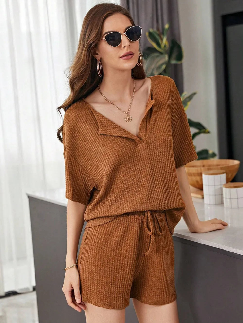 Full Size Waffle-Knit Dropped Shoulder Top and Shorts Set - CHIC TB