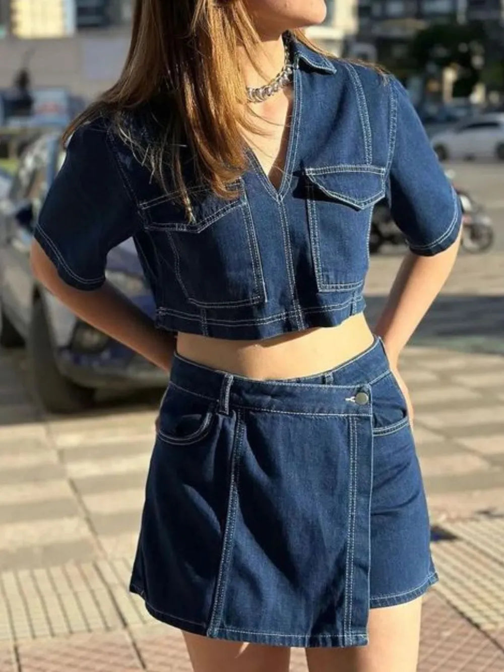 Johnny Collar Short Sleeve Top and Skort Denim Set - CHIC TB