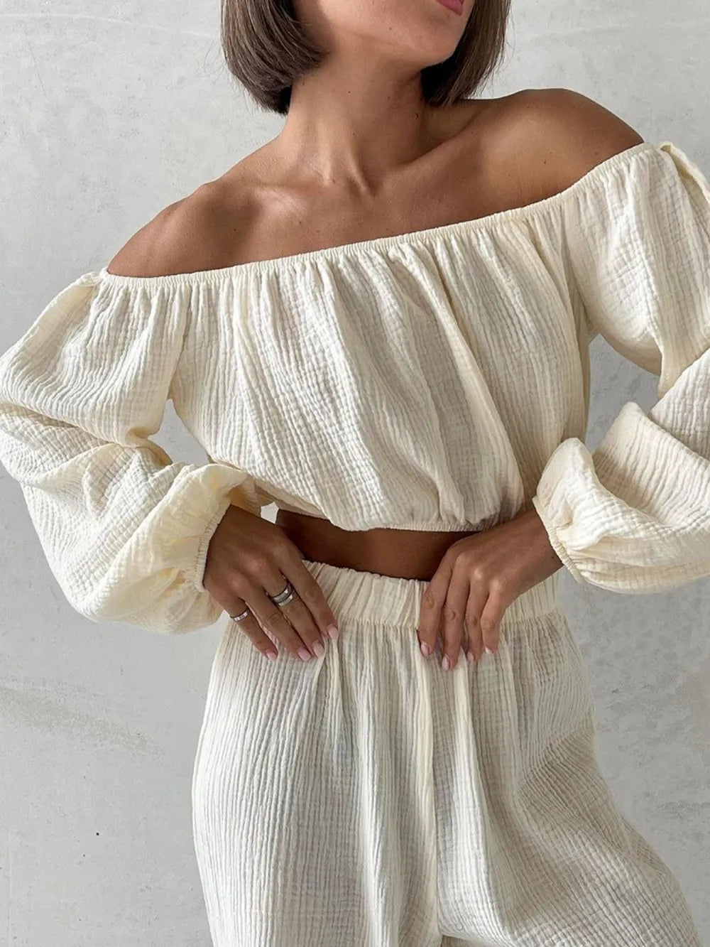 Off Shoulder Long Sleeve Top and Pants Set - CHIC TB
