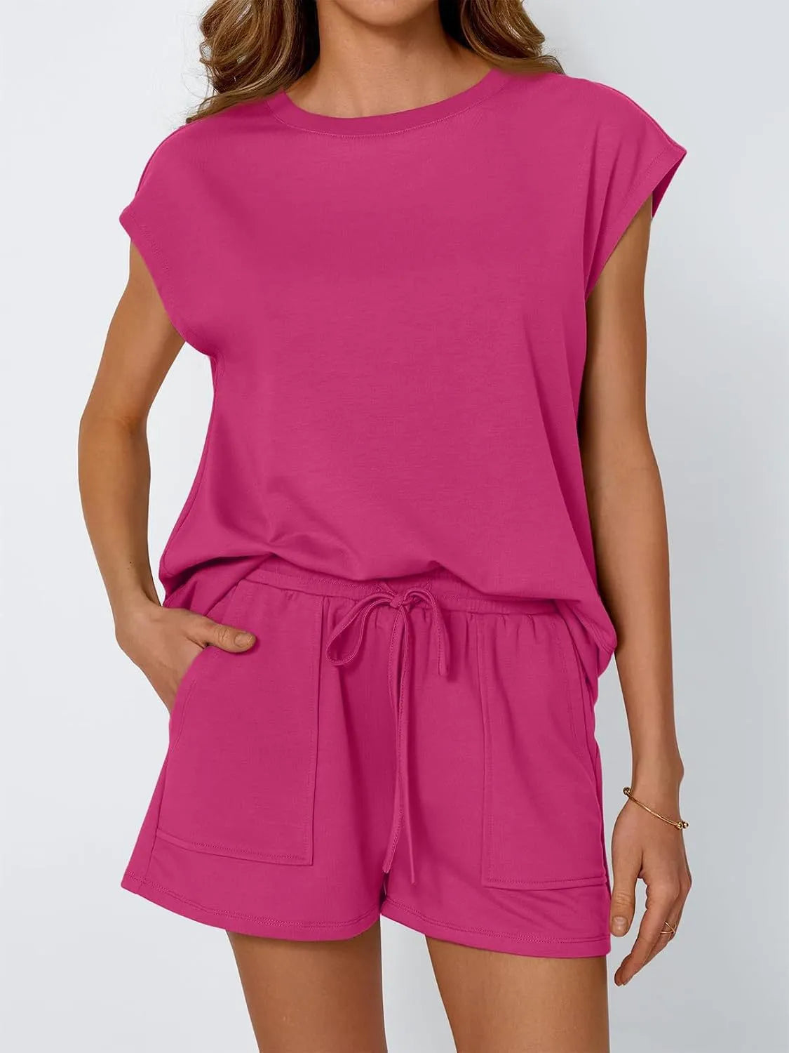 Round Neck Cap Sleeve Top and Shorts Set - CHIC TB