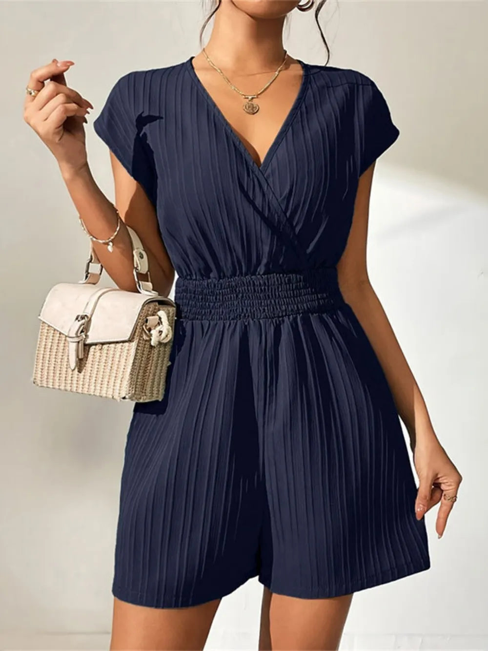 Tied Surplice Short Sleeve Romper - CHIC TB