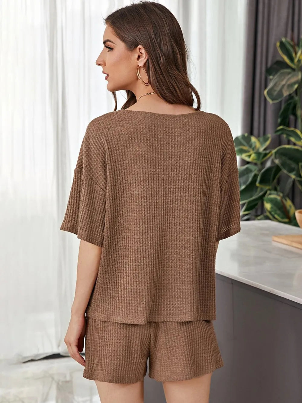 Full Size Waffle-Knit Dropped Shoulder Top and Shorts Set - CHIC TB