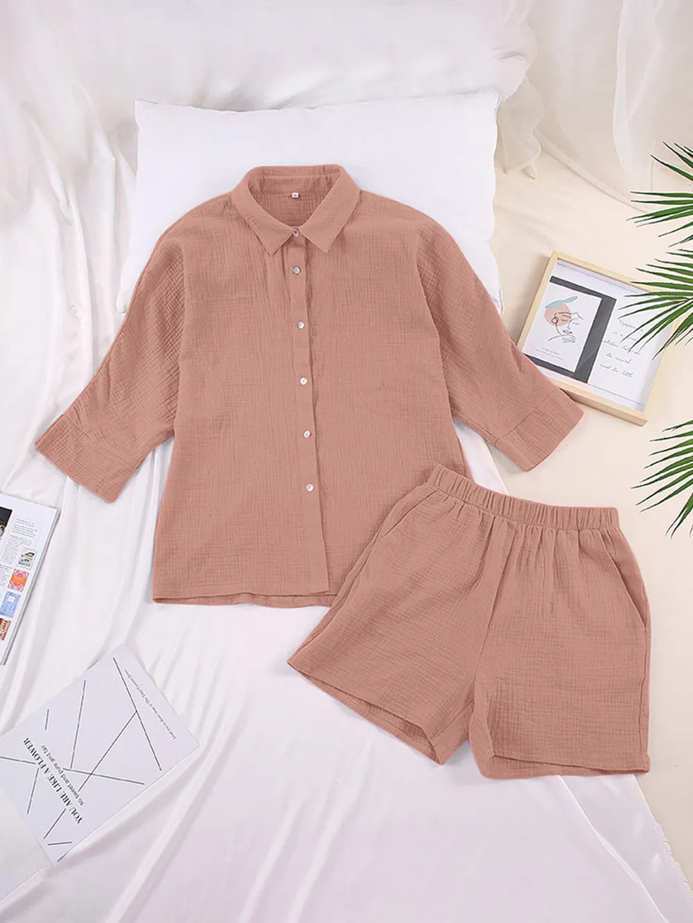 Texture Button Up Shirt and Shorts Set - CHIC TB