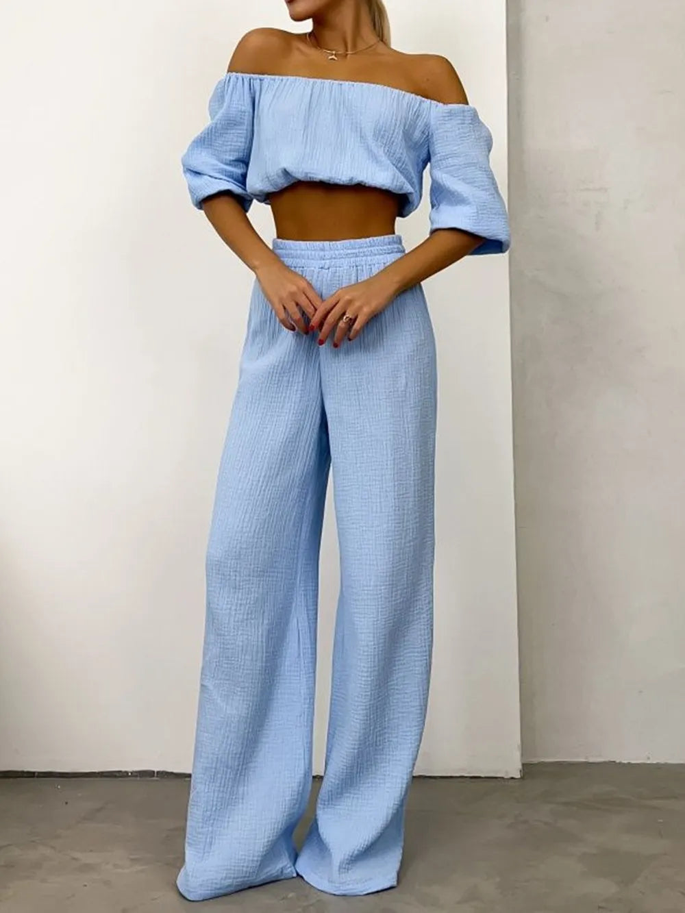 Off Shoulder Long Sleeve Top and Pants Set - CHIC TB