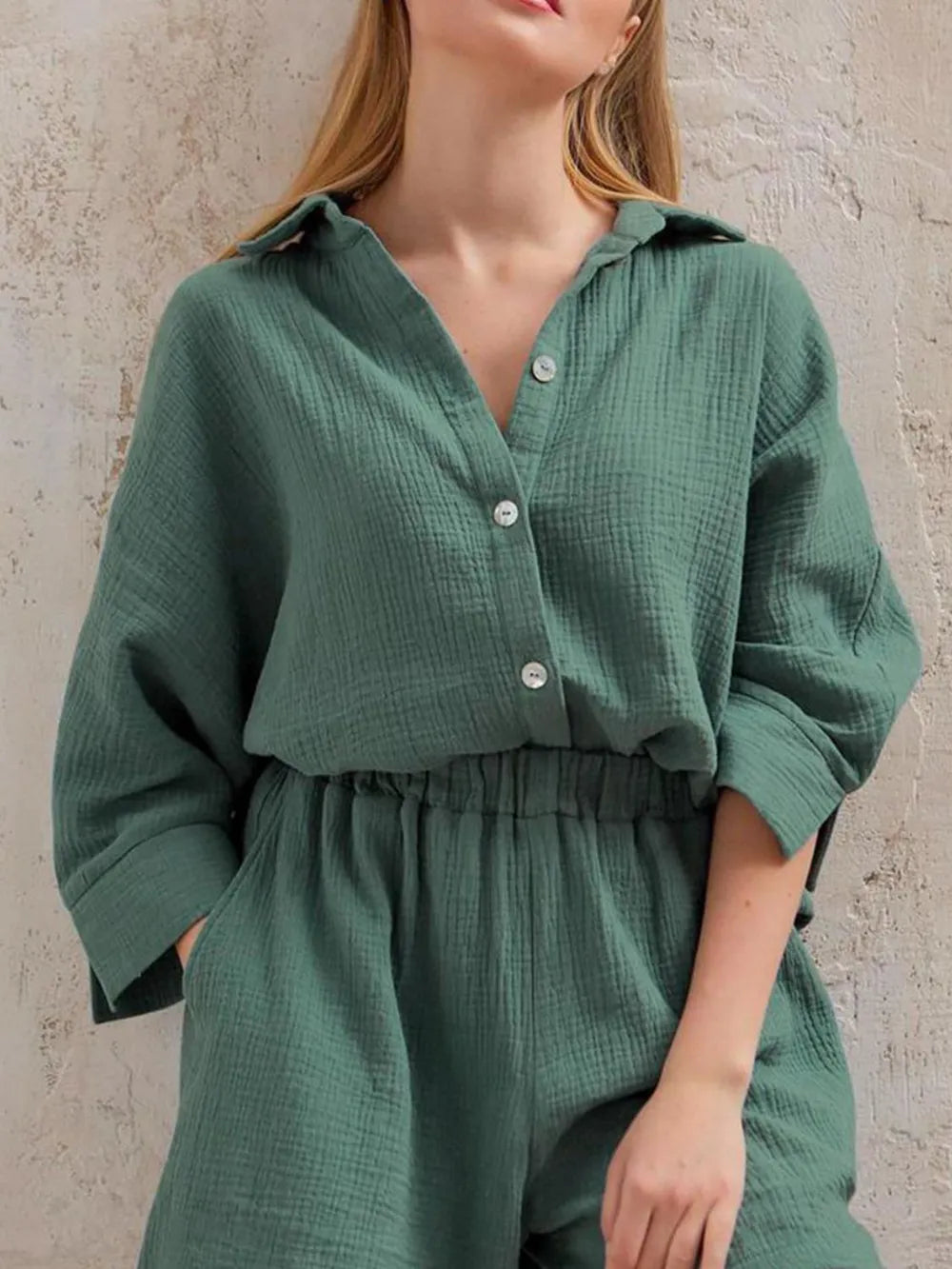 Texture Button Up Shirt and Shorts Set - CHIC TB