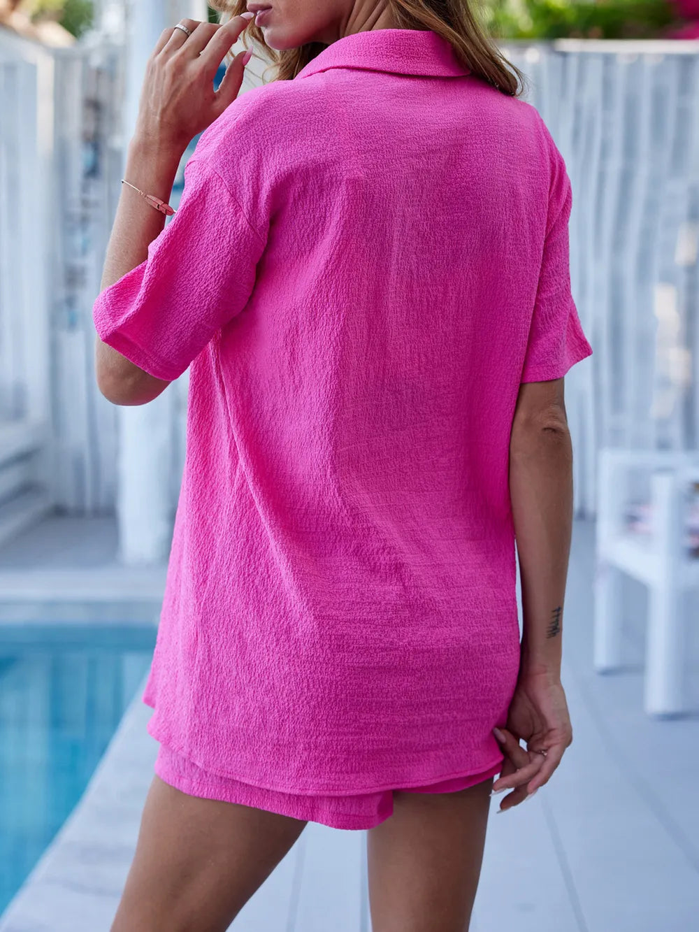 Button Up Half Sleeve Top and Shorts Set - CHIC TB
