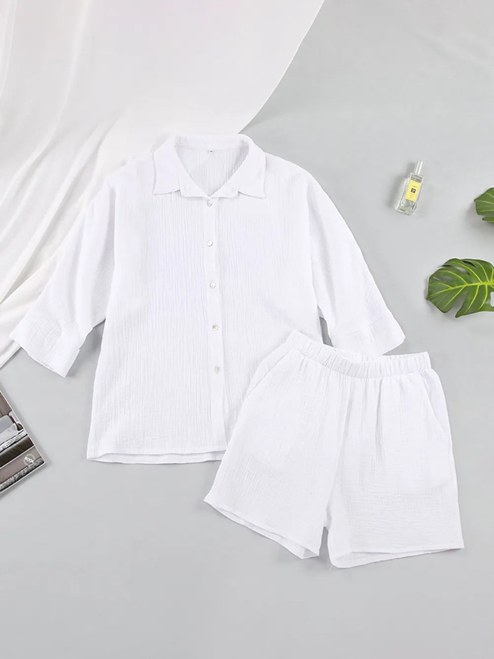 Texture Button Up Shirt and Shorts Set - CHIC TB