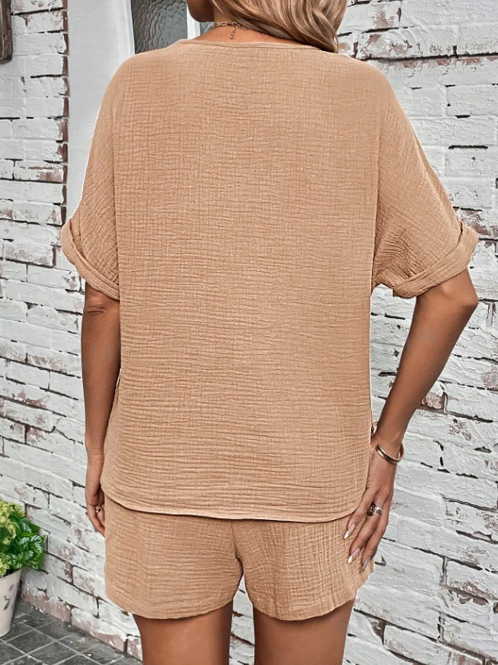 Notched Half Sleeve Top and Shorts Set - CHIC TB