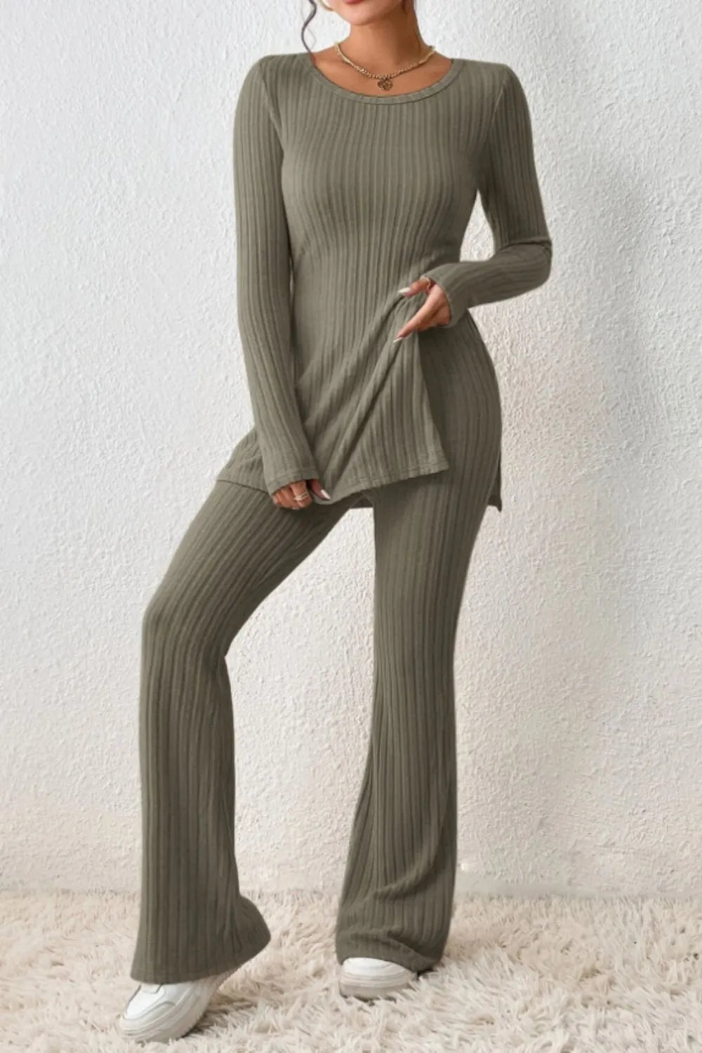 Ribbed Long Sleeve Slit Top and Bootcut Pants Set - CHIC TB