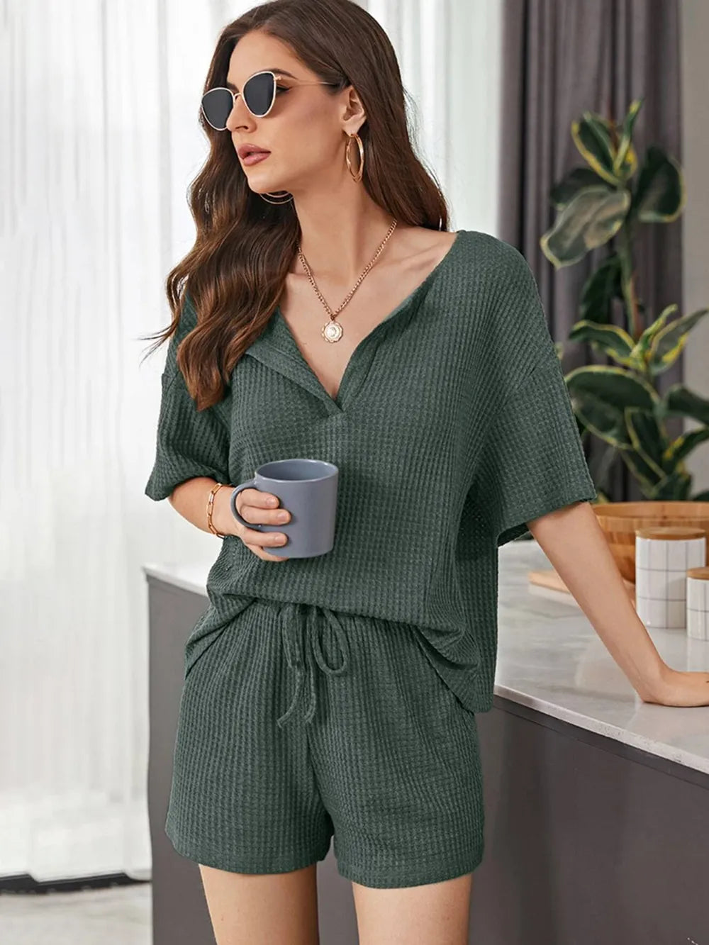 Full Size Waffle-Knit Dropped Shoulder Top and Shorts Set - CHIC TB