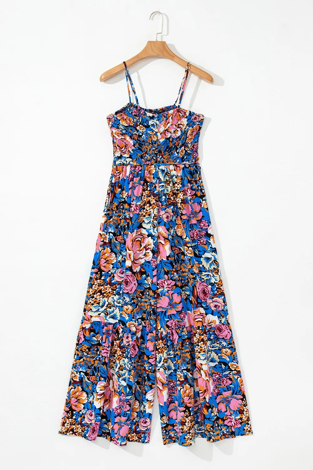 Floral Smocked Spaghetti Straps Wide Leg Jumpsuit - CHIC TB