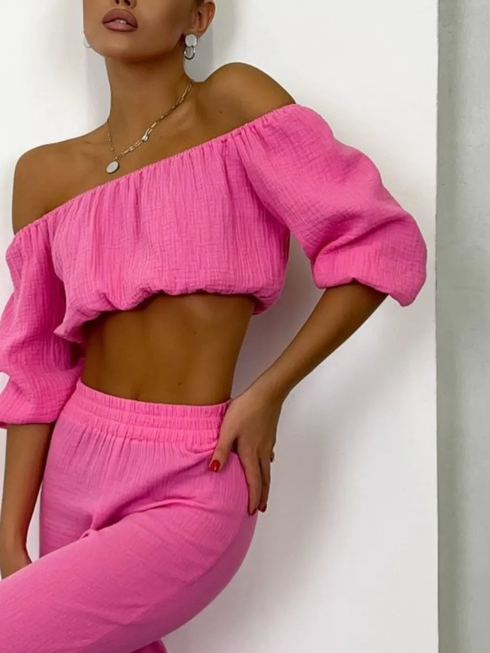 Off Shoulder Long Sleeve Top and Pants Set - CHIC TB