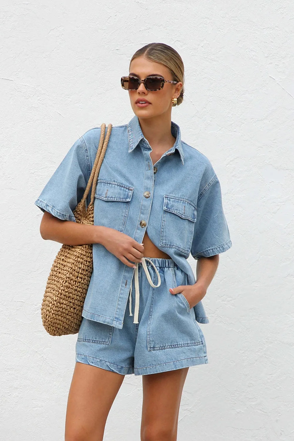Button Up Top and Shorts Denim Set - CHIC TB