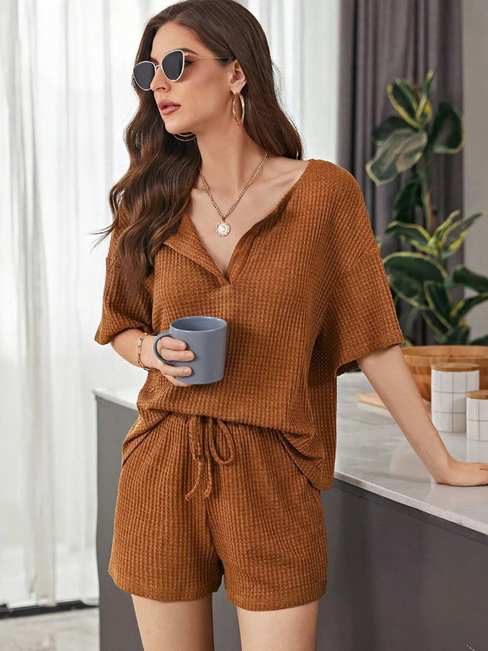 Full Size Waffle-Knit Dropped Shoulder Top and Shorts Set - CHIC TB