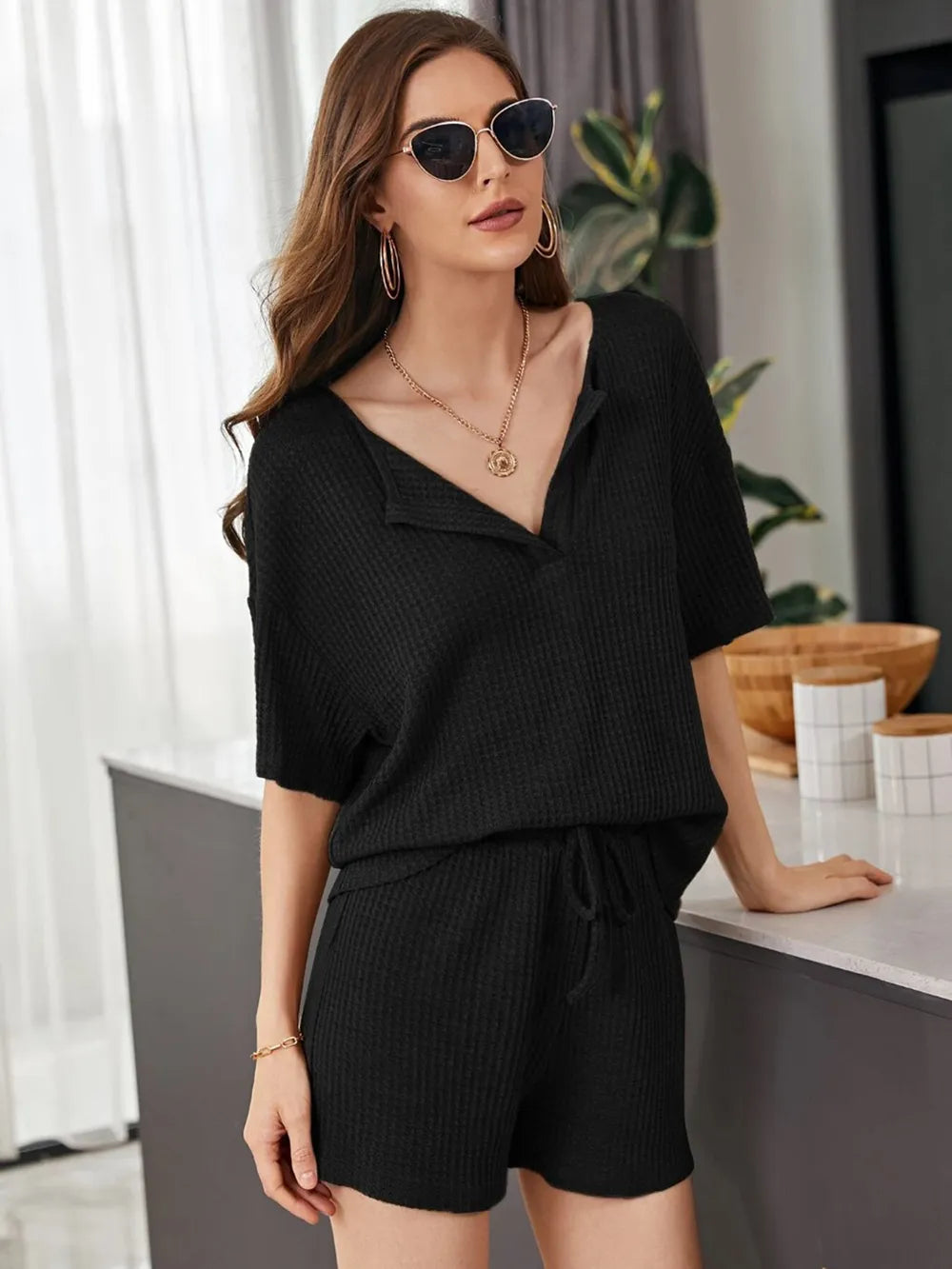 Full Size Waffle-Knit Dropped Shoulder Top and Shorts Set - CHIC TB