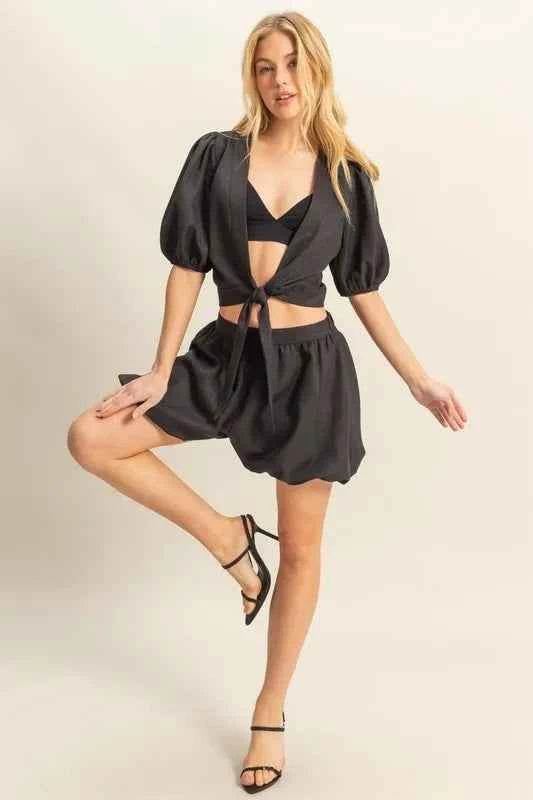 Front Tie Top and Bubble Hem Shorts
