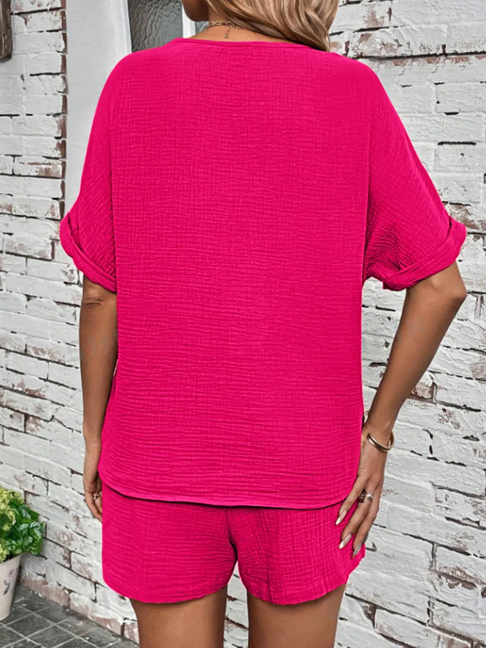 Notched Half Sleeve Top and Shorts Set - CHIC TB