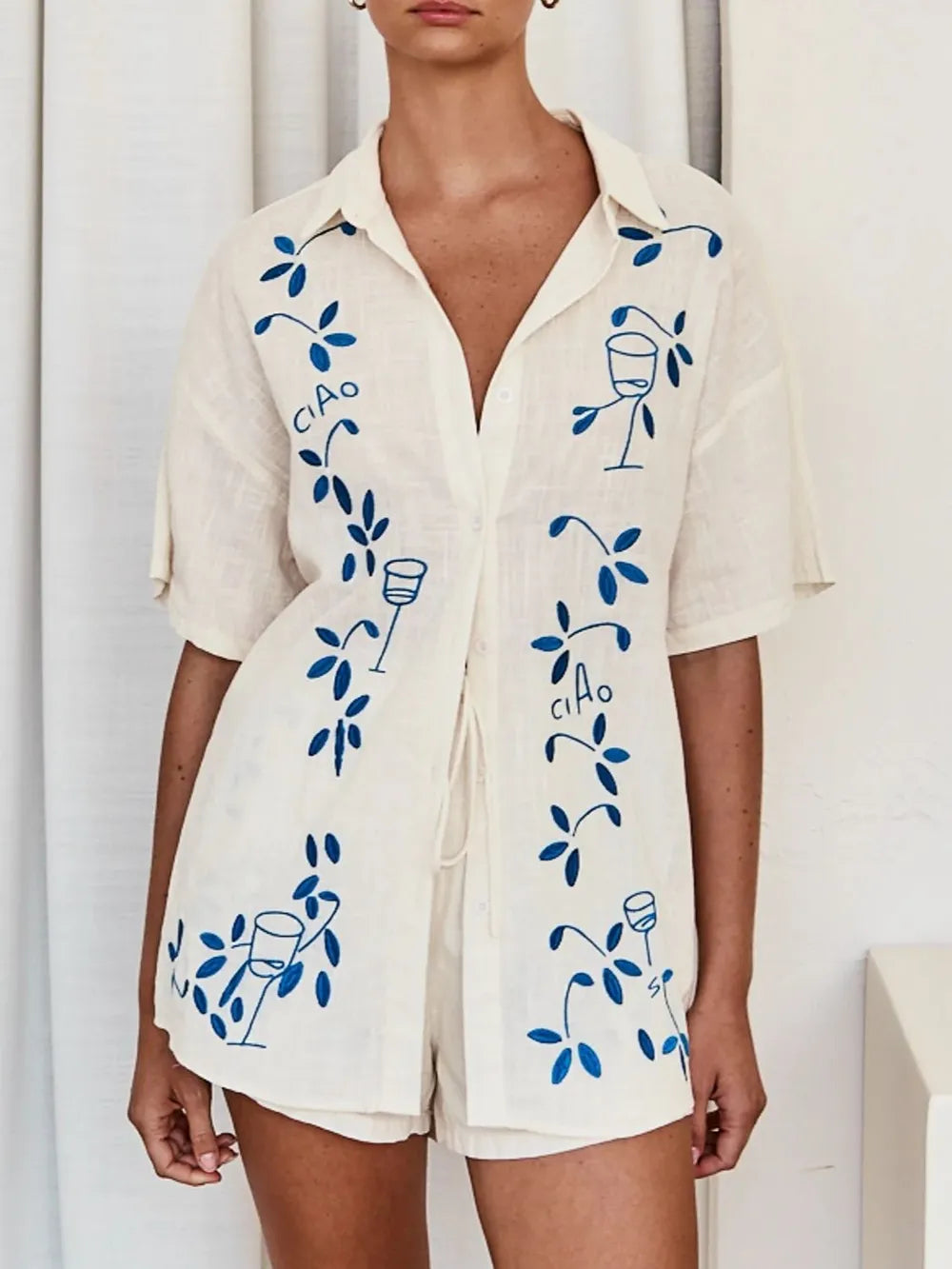 Embroidered Button Up Half Sleeve Top and Shorts Set - CHIC TB