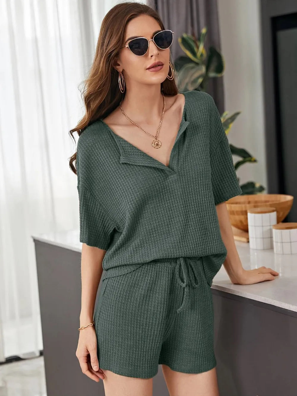 Full Size Waffle-Knit Dropped Shoulder Top and Shorts Set - CHIC TB